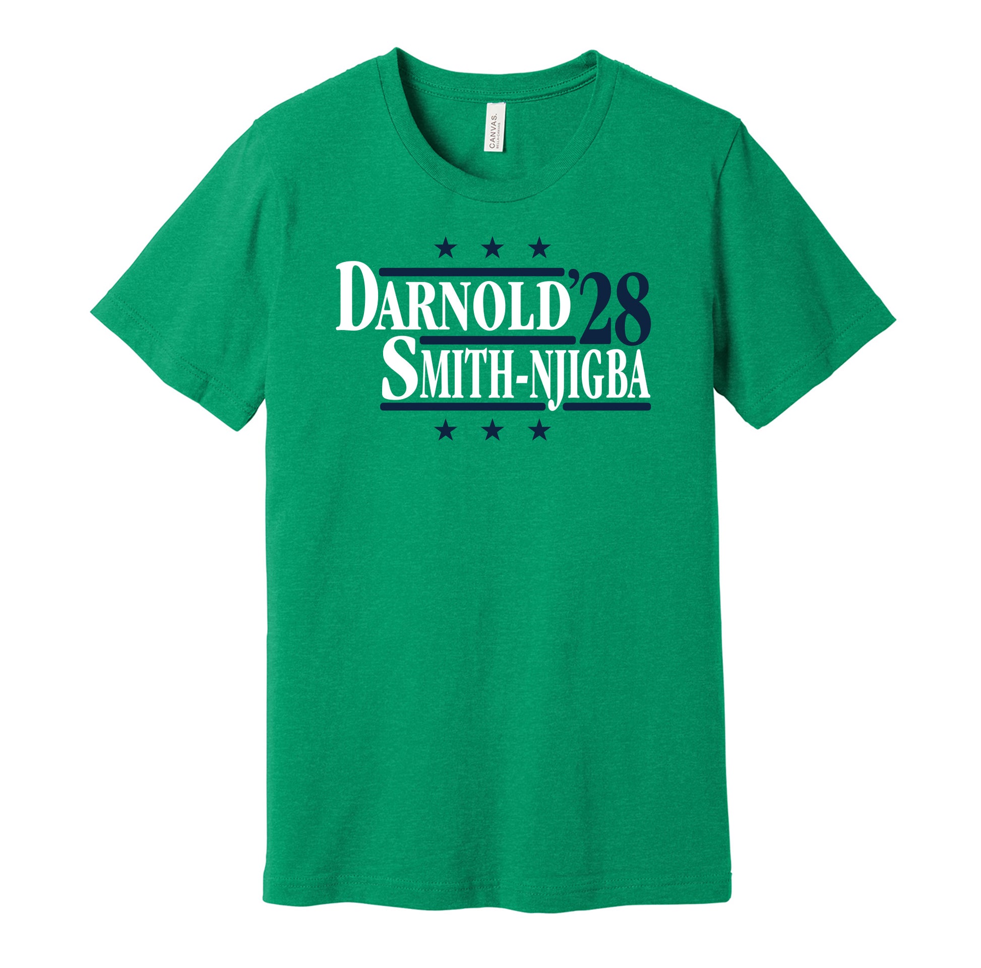 Seattle Seahawks retro political campaign parody green t-shirt featuring Sam Darnold and Jaxon Smith-Njigba '28, designed in a vintage election style by Hyper Than Hype Shirts.