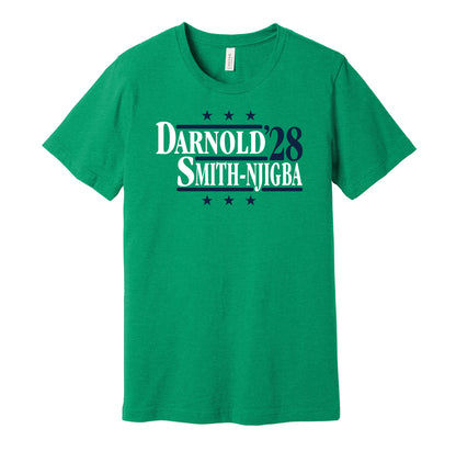 Seattle Seahawks retro political campaign parody green t-shirt featuring Sam Darnold and Jaxon Smith-Njigba '28, designed in a vintage election style by Hyper Than Hype Shirts.