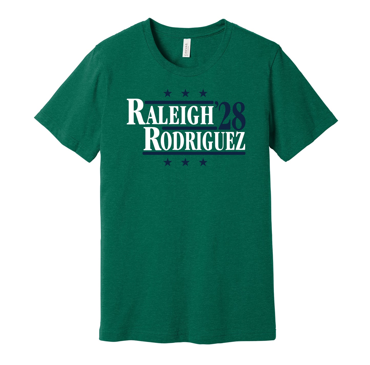 Seattle Mariners retro political campaign parody green t-shirt featuring Cal Raleigh and Julio Rodríguez '28, designed in a vintage election style by Hyper Than Hype Shirts.