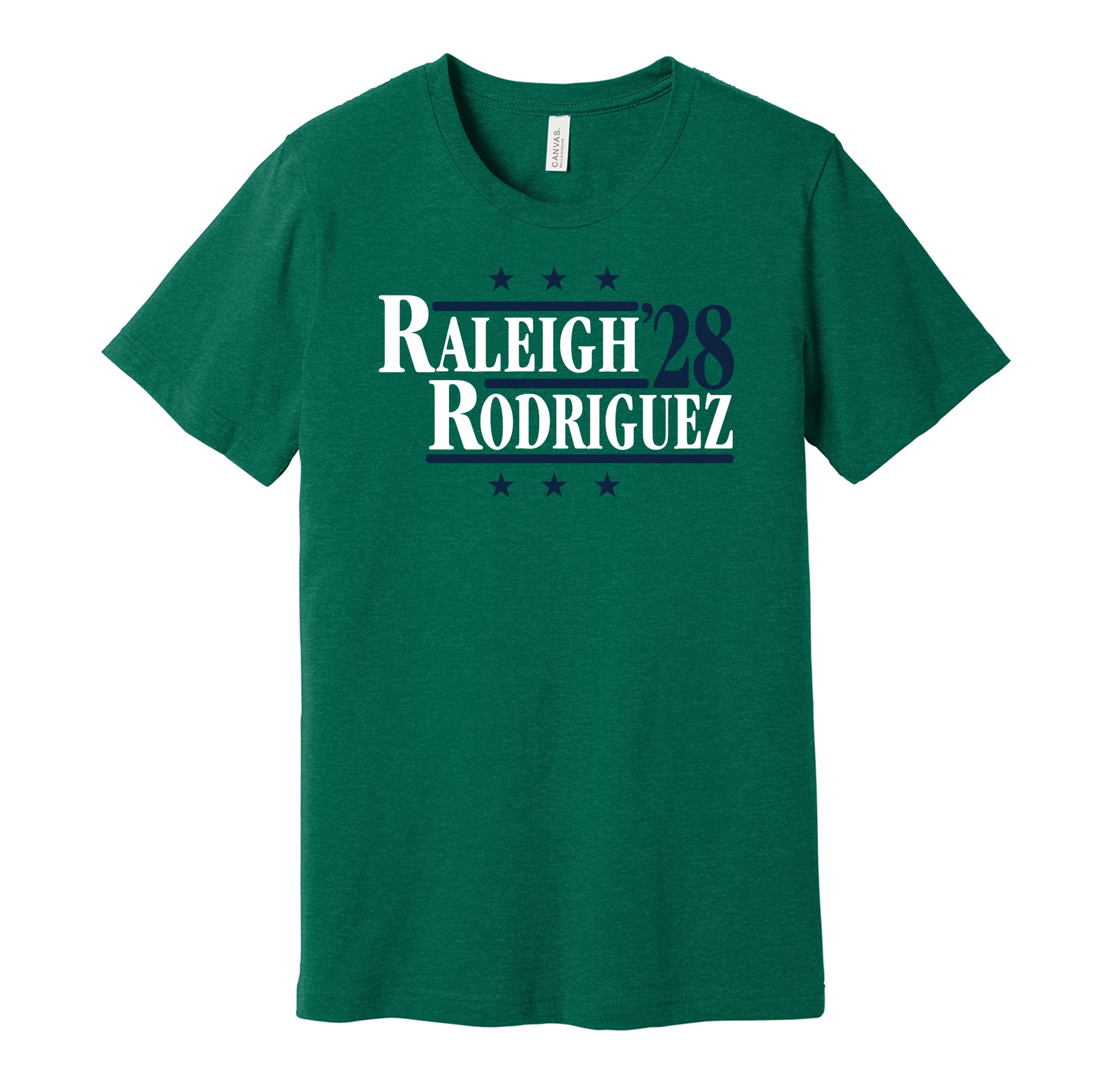 Seattle Mariners retro political campaign parody green t-shirt featuring Cal Raleigh and Julio Rodríguez '28, designed in a vintage election style by Hyper Than Hype Shirts.