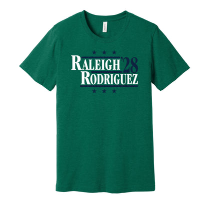 Seattle Mariners retro political campaign parody green t-shirt featuring Cal Raleigh and Julio Rodríguez '28, designed in a vintage election style by Hyper Than Hype Shirts.