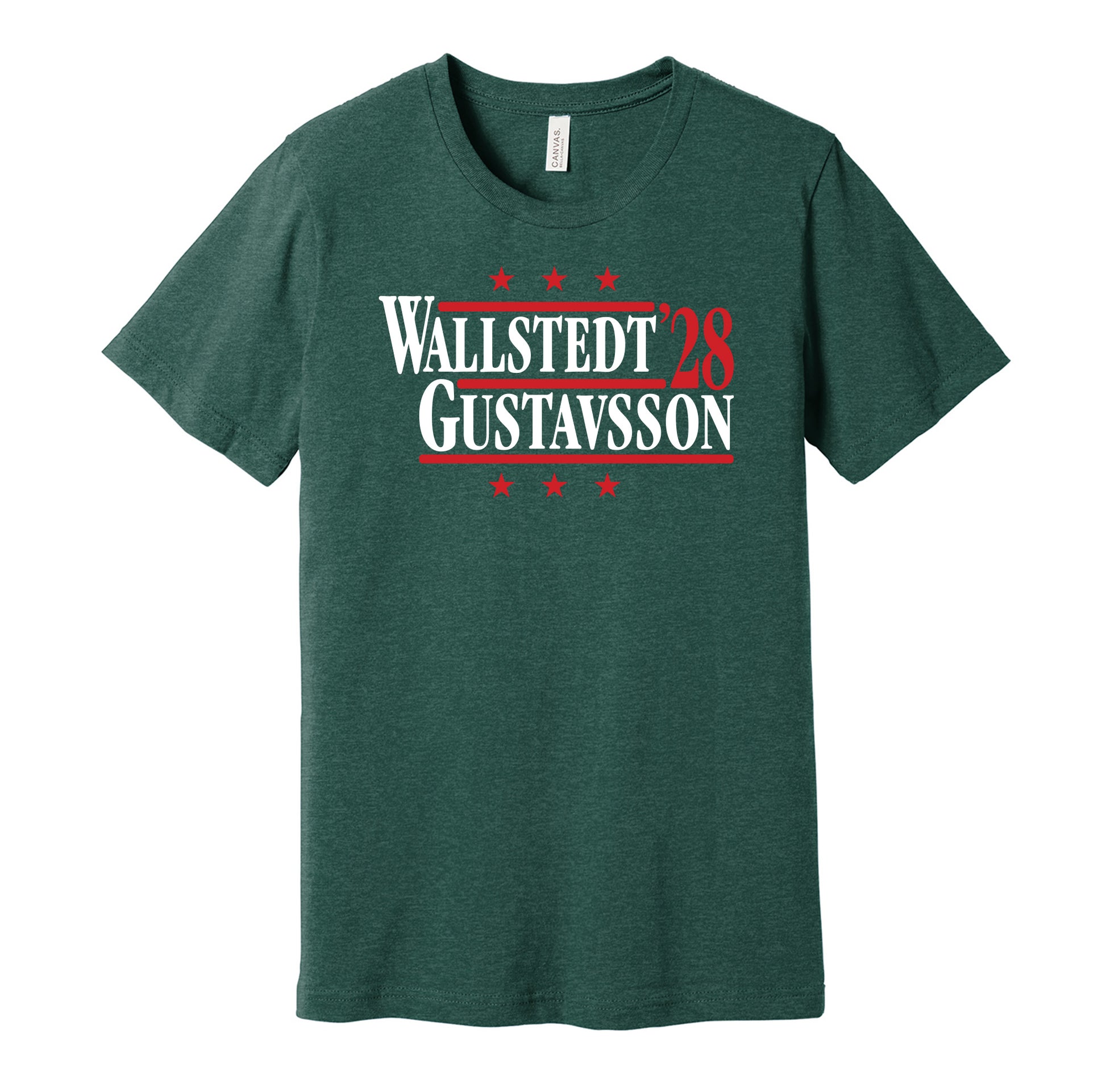 Minnesota Wild retro political campaign parody green t-shirt featuring Jesper Wallstedt and Filip Gustavsson '28, designed in a vintage election style by Hyper Than Hype Shirts.