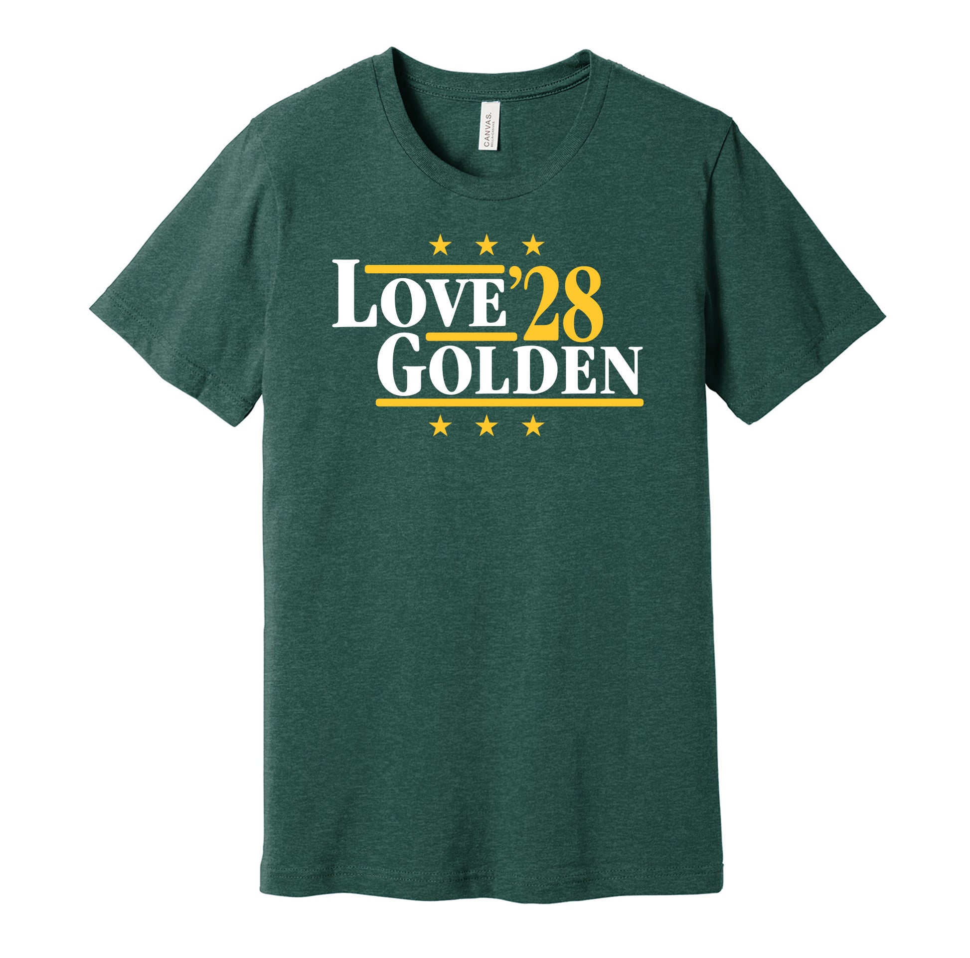 Green Bay Packers retro political campaign parody green t-shirt featuring Jordan Love and Matthew Golden '28, designed in a vintage election style by Hyper Than Hype Shirts.