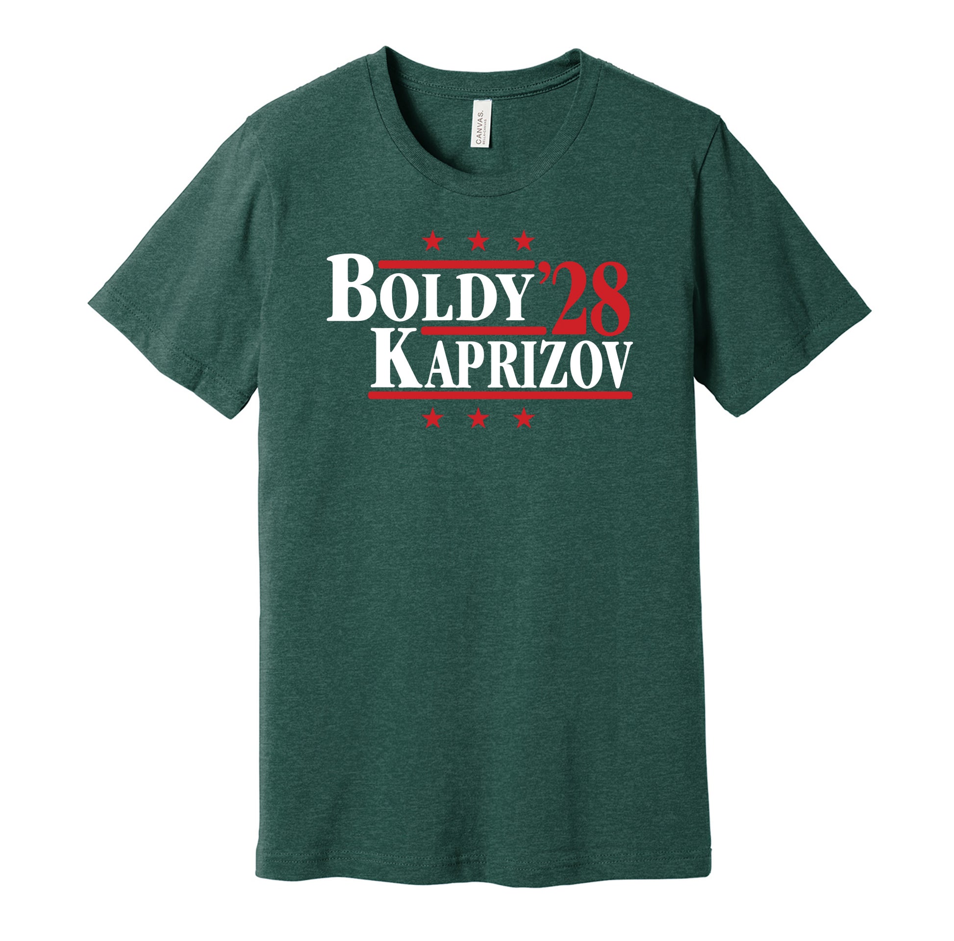 Minnesota Wild retro political campaign parody green t-shirt featuring Matt Boldy and Kirill Kaprizov '28, designed in a vintage election style by Hyper Than Hype Shirts.