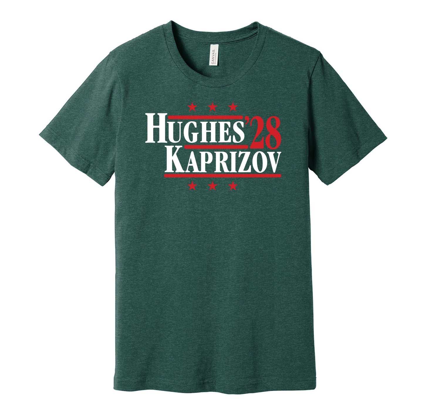 Minnesota Wild retro political campaign parody green t-shirt featuring Quinn Hughes and Kirill Kaprizov '28, designed in a vintage election style by Hyper Than Hype Shirts.