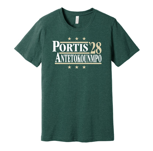 Milwaukee Bucks retro political campaign parody green t-shirt featuring Bobby Portis and Giannis Antetokounmpo '28, designed in a vintage election style by Hyper Than Hype Shirts.