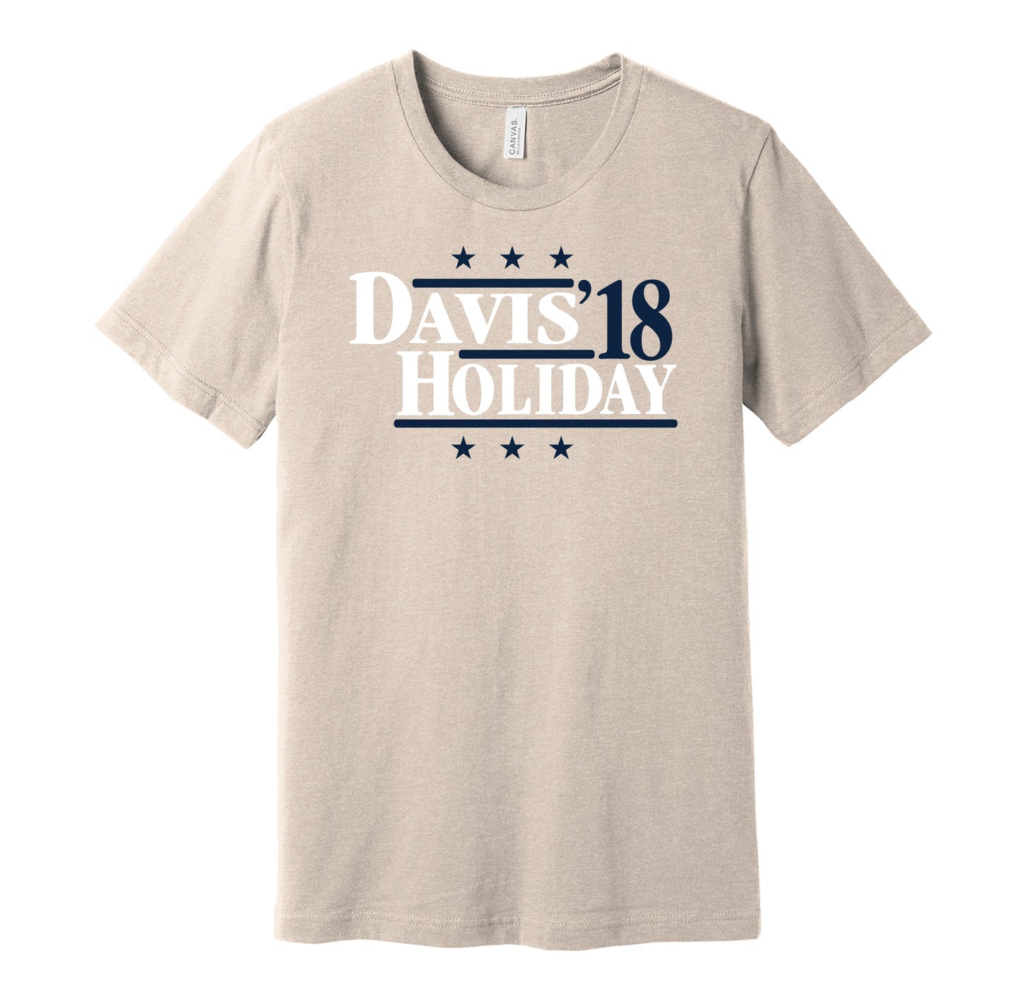 New Orleans Pelicans retro political campaign parody tan t-shirt featuring Anthony Davis and Jrue Holiday '18, designed in a vintage election style by Hyper Than Hype Shirts.