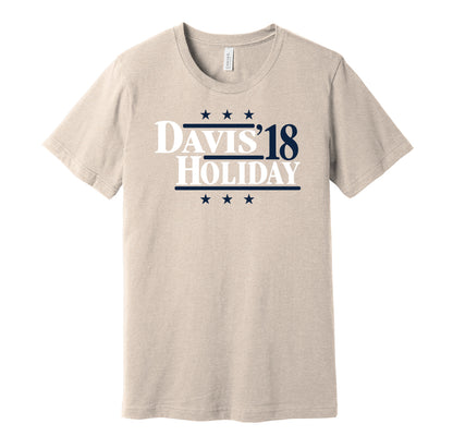 New Orleans Pelicans retro political campaign parody tan t-shirt featuring Anthony Davis and Jrue Holiday '18, designed in a vintage election style by Hyper Than Hype Shirts.