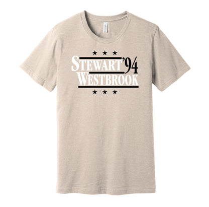 Colorado Buffaloes retro political campaign parody tan t-shirt featuring Kordell Stewart and Michael Westbrook '94, designed in a vintage election style by Hyper Than Hype Shirts.