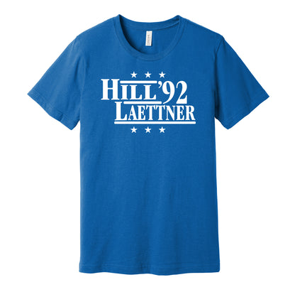 Duke Blue Devils retro political campaign parody royal blue t-shirt featuring Grant Hill and Christian Laettner '92, designed in a vintage election style by Hyper Than Hype Shirts.