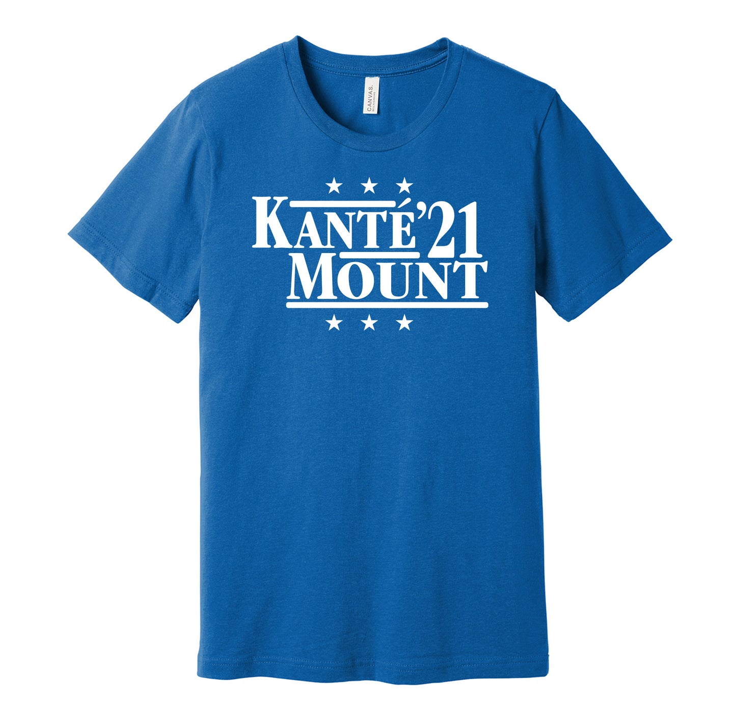 Chelsea retro political campaign parody blue t-shirt featuring N'Golo Kanté and Mason Mount '21, designed in a vintage election style by Hyper Than Hype Shirts.