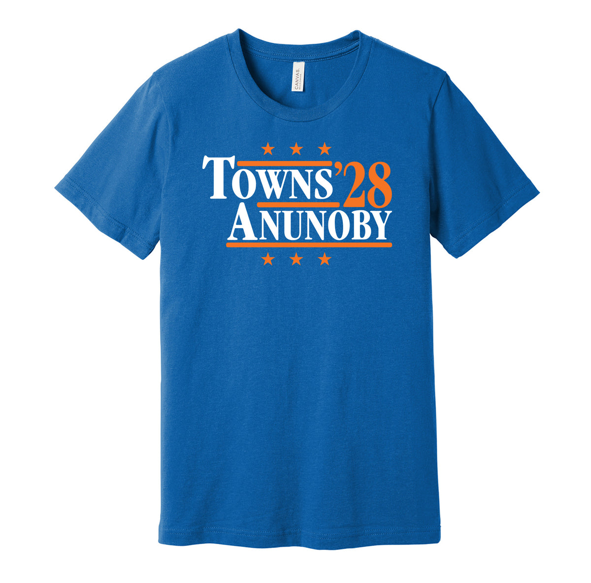 New York Knicks retro political campaign parody blue t-shirt featuring Karl-Anthony Towns and OG Anunoby '28, designed in a vintage election style by Hyper Than Hype Shirts.