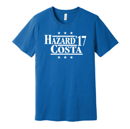 Chelsea retro political campaign parody blue t-shirt featuring Eden Hazard and Diego Costa '17, designed in a vintage election style by Hyper Than Hype Shirts.