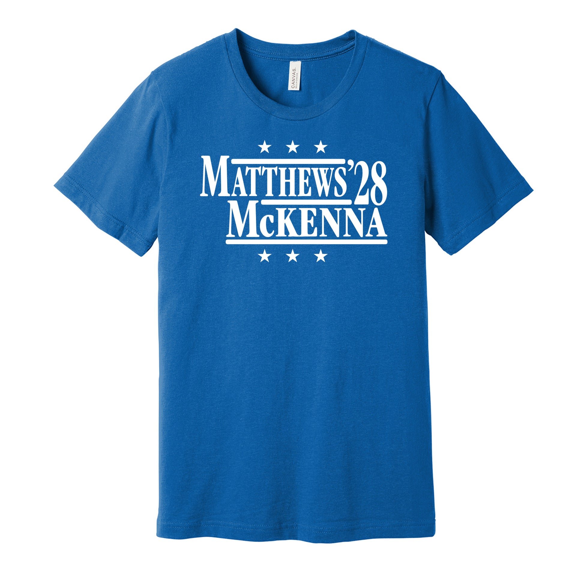 Toronto Maple Leafs retro political campaign parody blue t-shirt featuring Auston Matthews and Gavin McKenna '28, designed in a vintage election style by Hyper Than Hype Shirts.