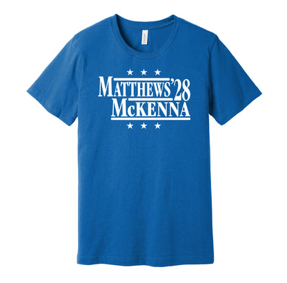 Toronto Maple Leafs retro political campaign parody blue t-shirt featuring Auston Matthews and Gavin McKenna '28, designed in a vintage election style by Hyper Than Hype Shirts.
