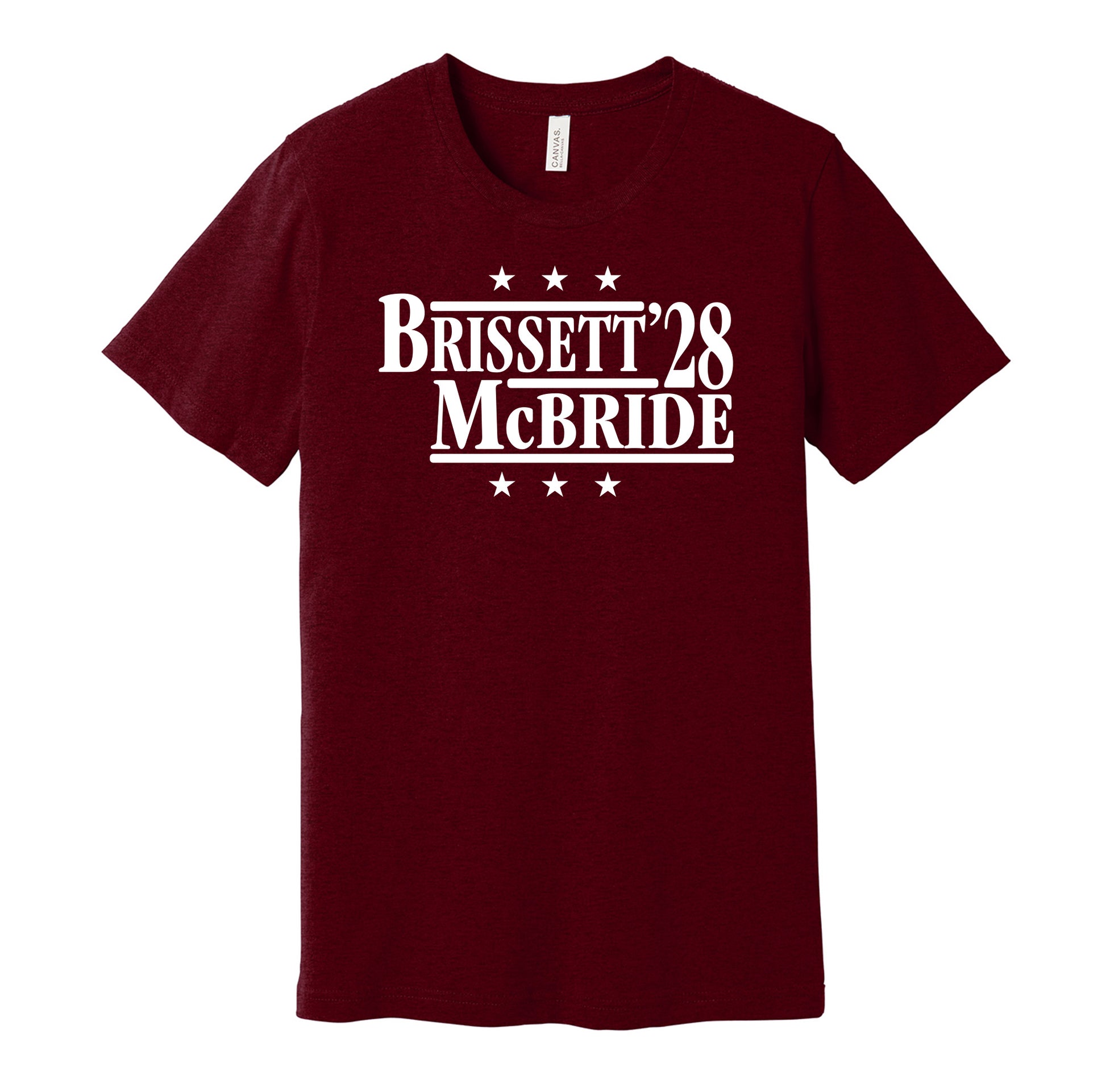 Arizona Cardinals retro political campaign parody red t-shirt featuring Jacoby Brissett and Trey McBride '28, designed in a vintage election style by Hyper Than Hype Shirts.