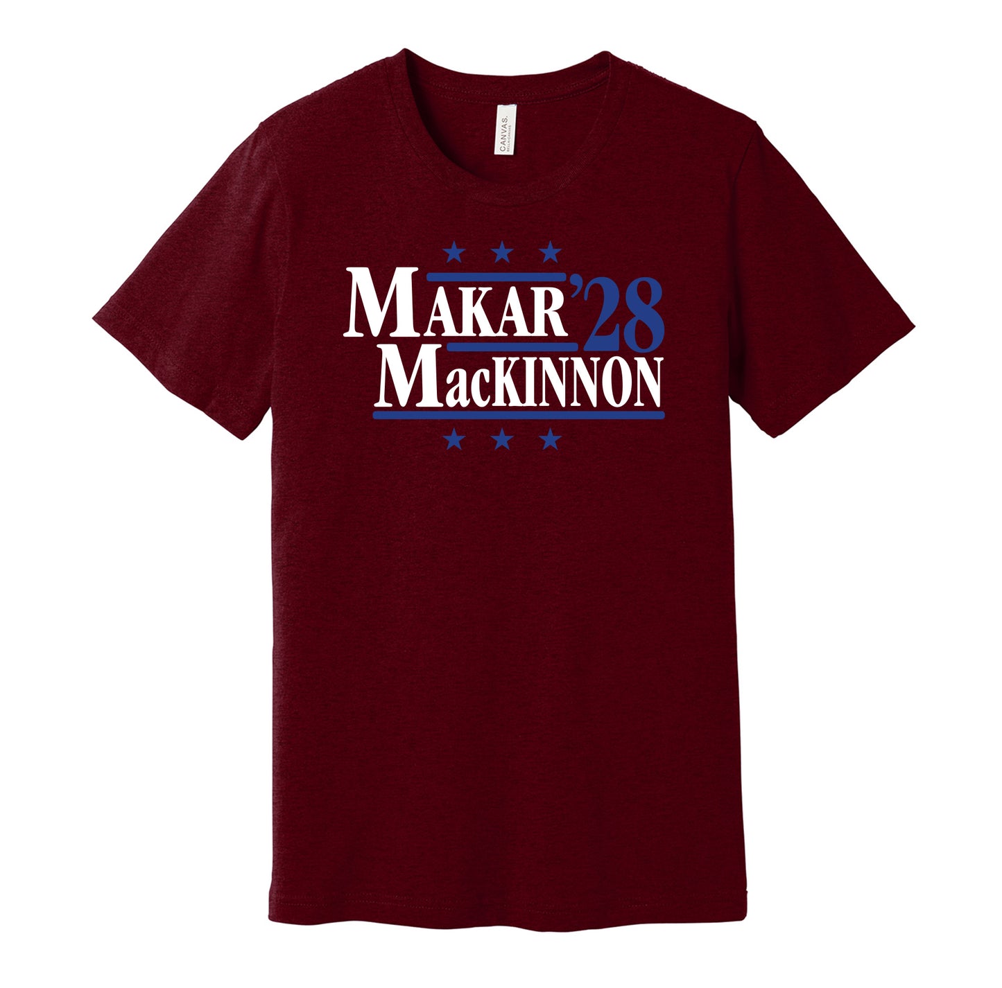 Colorado Avalanche retro political campaign parody burgundy t-shirt featuring Cale Makar and Nathan MacKinnon '28, designed in a vintage election style by Hyper Than Hype Shirts.