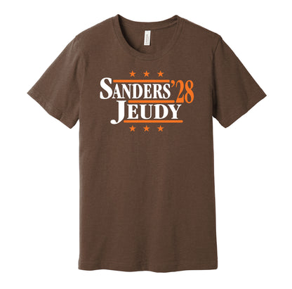 Cleveland Browns retro political campaign parody brown t-shirt featuring Shedeur Sanders and Jerry Jeudy '28, designed in a vintage election style by Hyper Than Hype Shirts.