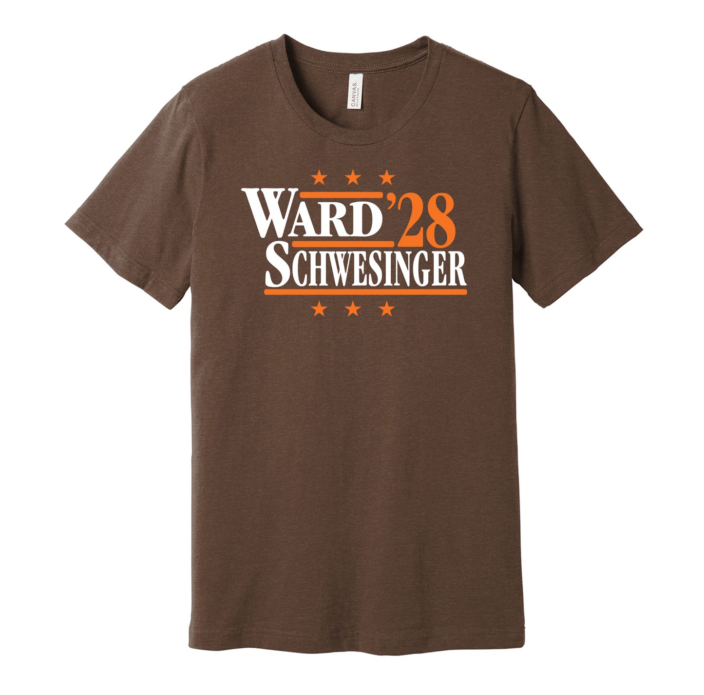 Cleveland Browns retro political campaign parody brown t-shirt featuring Denzel Ward and Carson Schwesinger '28, designed in a vintage election style by Hyper Than Hype Shirts.
