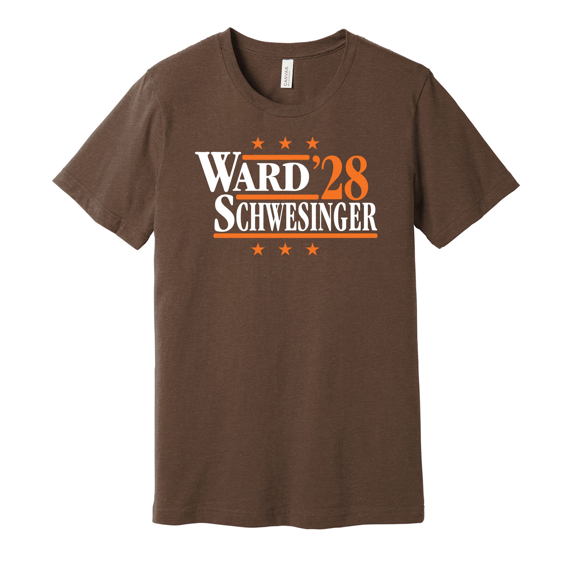 Cleveland Browns retro political campaign parody brown t-shirt featuring Denzel Ward and Carson Schwesinger '28, designed in a vintage election style by Hyper Than Hype Shirts.