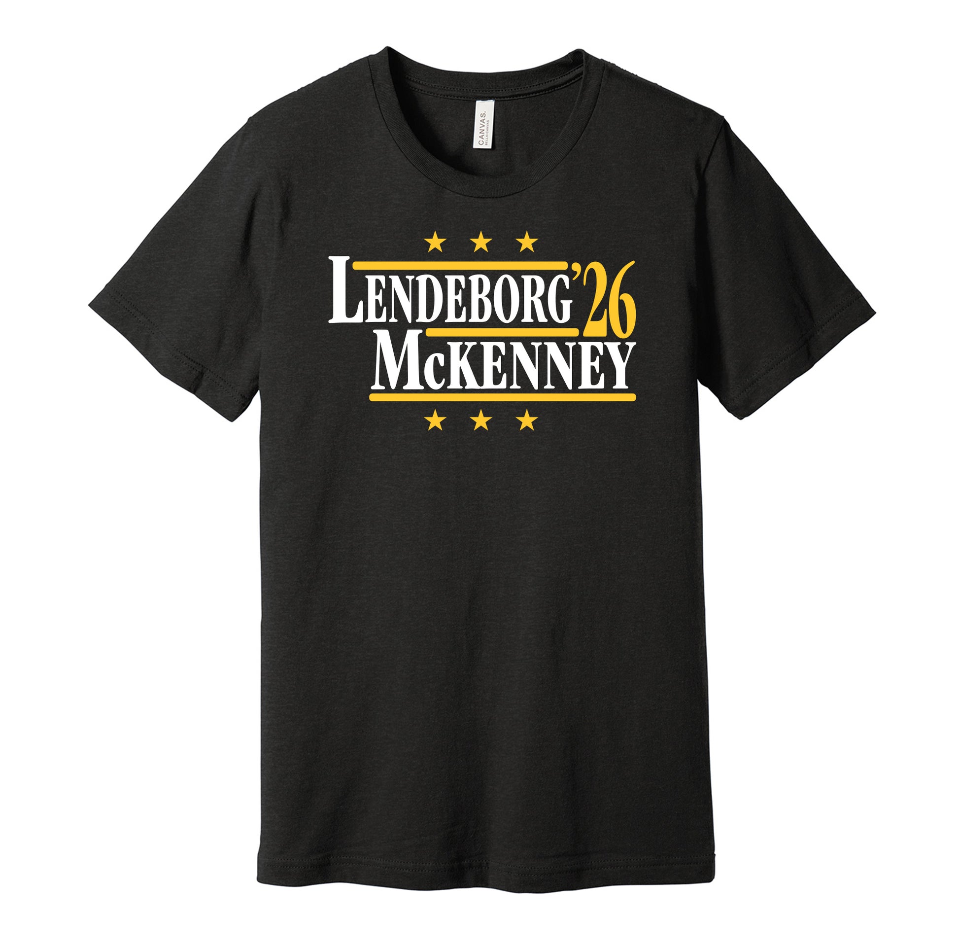 Michigan Wolverines retro political campaign parody black t-shirt featuring Yaxel Lendeborg and Trey McKenney '26, designed in a vintage election style by Hyper Than Hype Shirts.
