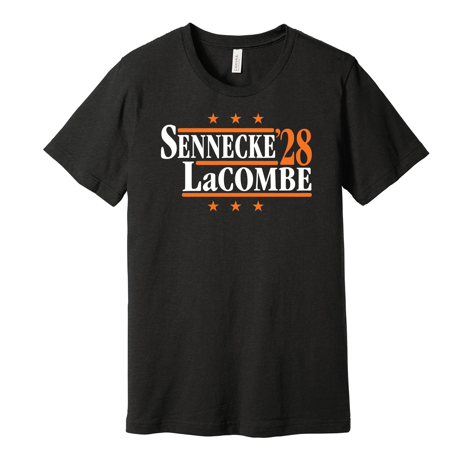 Anaheim Ducks retro political campaign parody black t-shirt featuring Beckett Sennecke and Jackson LaCombe '28, designed in a vintage election style by Hyper Than Hype Shirts.