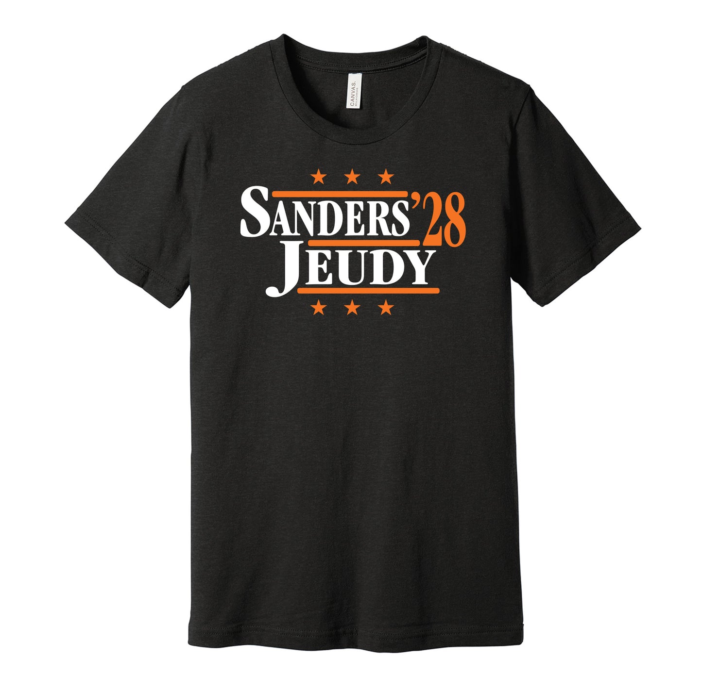 Cleveland Browns retro political campaign parody black t-shirt featuring Shedeur Sanders and Jerry Jeudy '28, designed in a vintage election style by Hyper Than Hype Shirts.