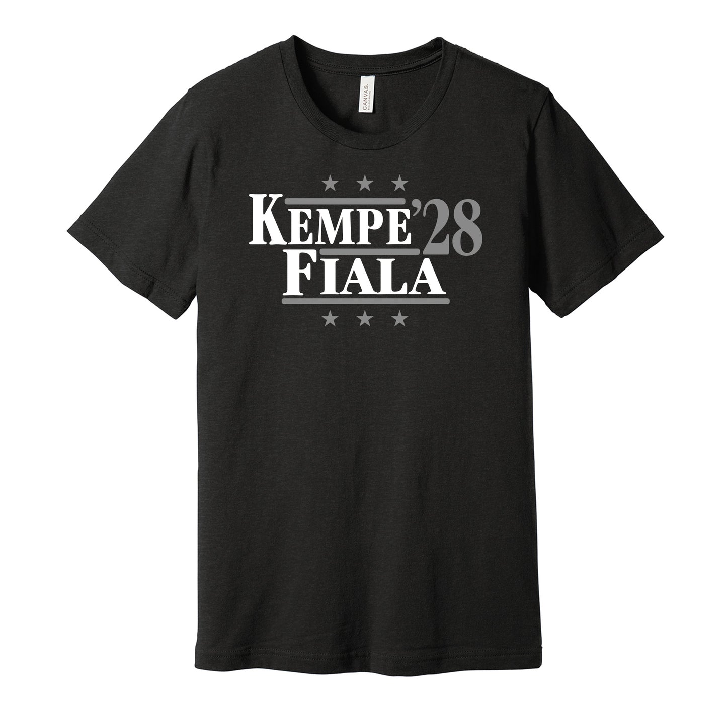 LA Kings retro political campaign parody black t-shirt featuring Adrian Kempe and Kevin Fiala '28, designed in a vintage election style by Hyper Than Hype Shirts.