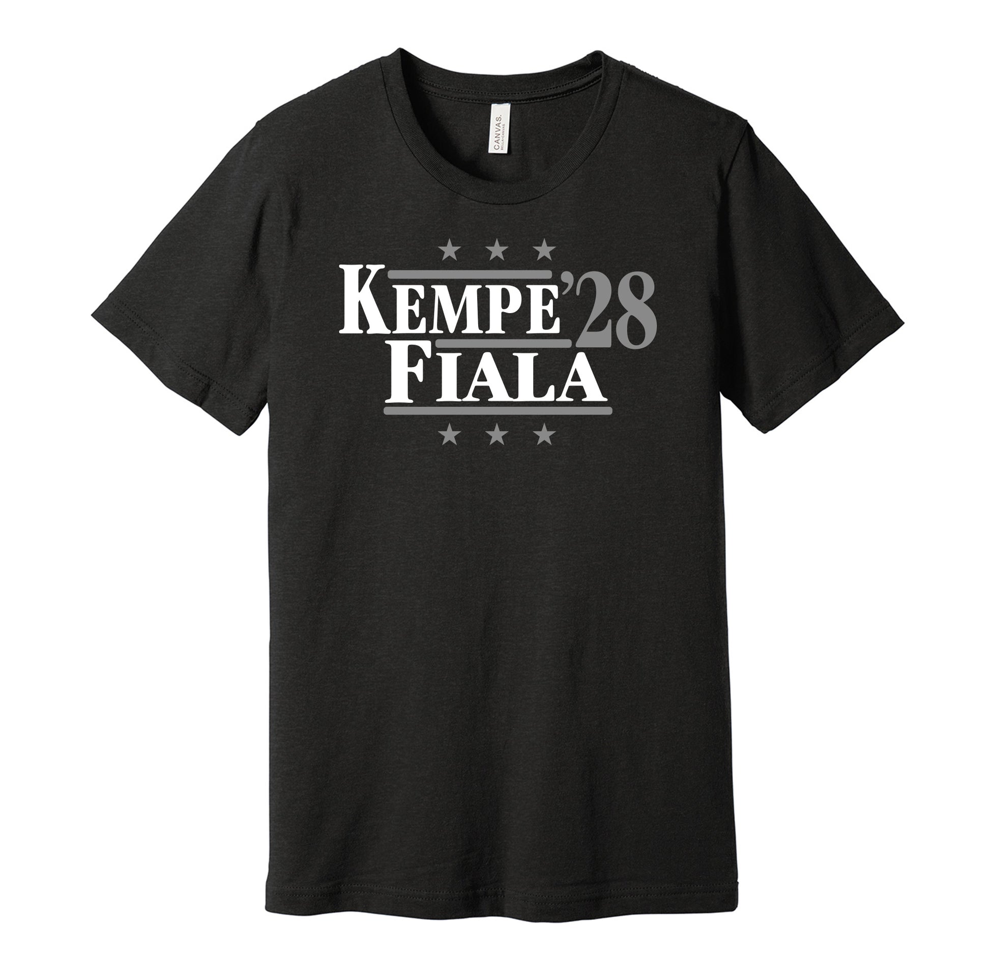 LA Kings retro political campaign parody black t-shirt featuring Adrian Kempe and Kevin Fiala '28, designed in a vintage election style by Hyper Than Hype Shirts.