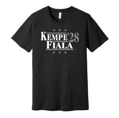 LA Kings retro political campaign parody black t-shirt featuring Adrian Kempe and Kevin Fiala '28, designed in a vintage election style by Hyper Than Hype Shirts.