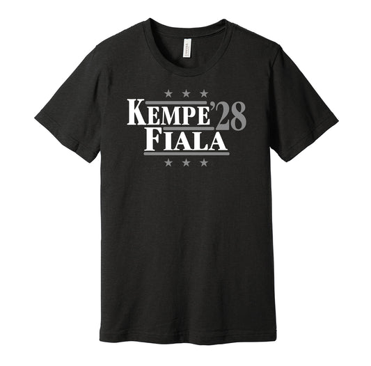 LA Kings retro political campaign parody black t-shirt featuring Adrian Kempe and Kevin Fiala '28, designed in a vintage election style by Hyper Than Hype Shirts.