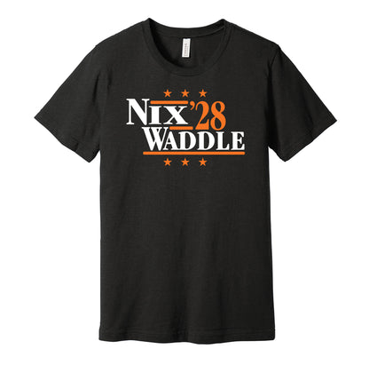 Denver Broncos retro political campaign parody black t-shirt featuring Bo Nix and Jaylen Waddle '28, designed in a vintage election style by Hyper Than Hype Shirts.