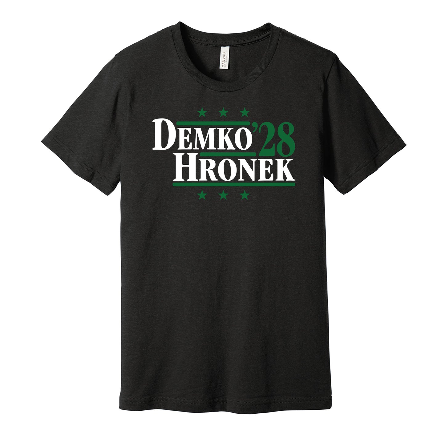Vancouver Canucks retro political campaign parody black t-shirt featuring Thatcher Demko and Filip Hronek '28, designed in a vintage election style by Hyper Than Hype Shirts.