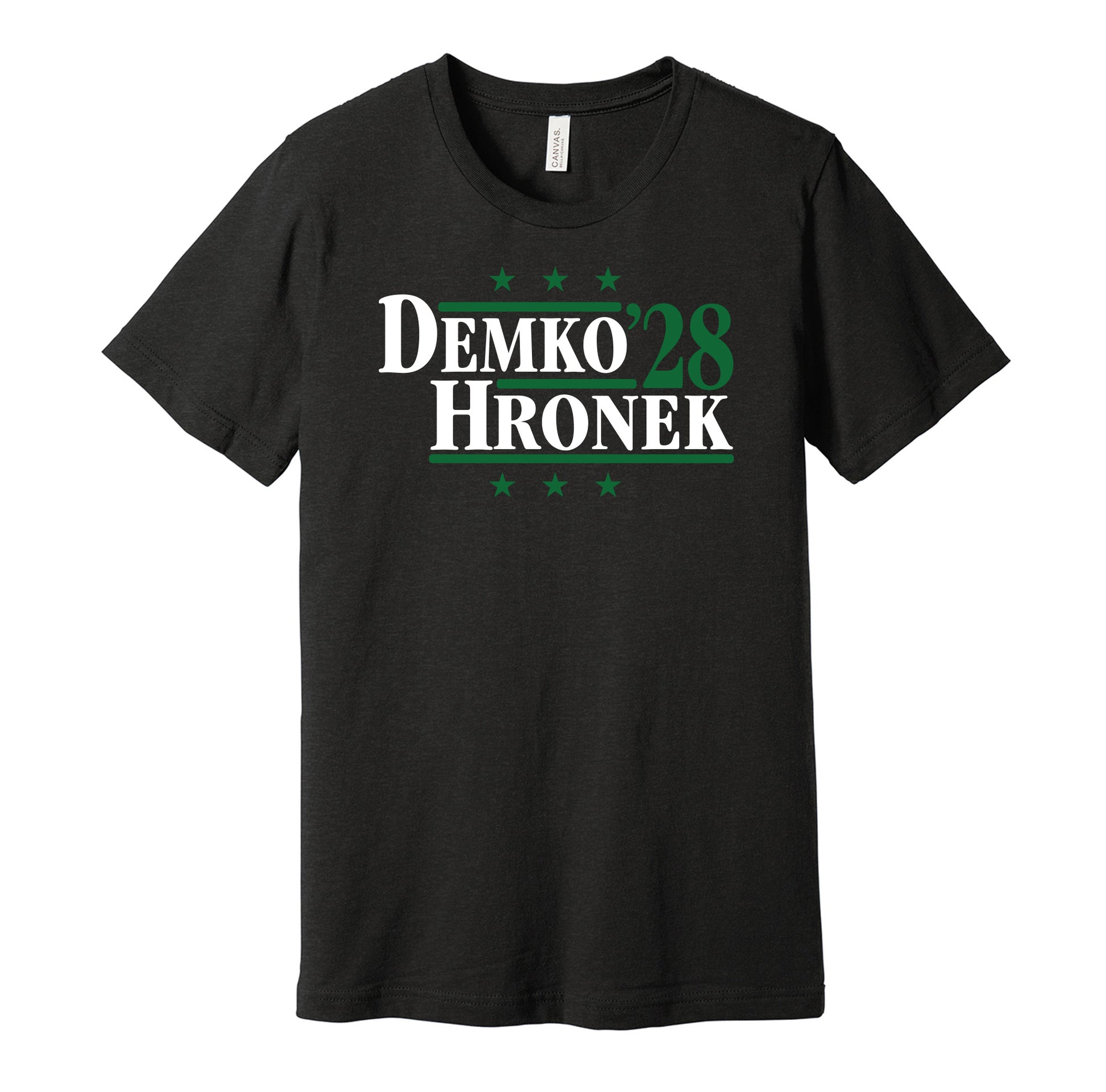 Vancouver Canucks retro political campaign parody black t-shirt featuring Thatcher Demko and Filip Hronek '28, designed in a vintage election style by Hyper Than Hype Shirts.