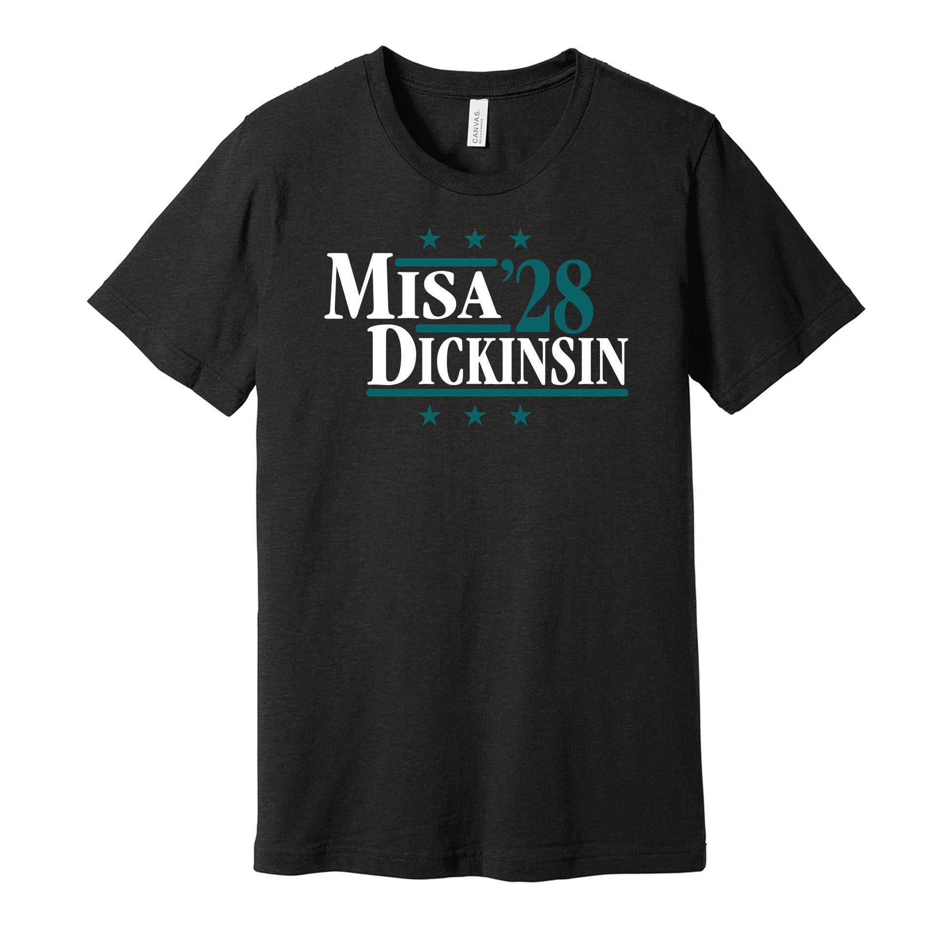 San Jose Sharks retro political campaign parody black t-shirt featuring Michael Misa and Sam Dickinson '28, designed in a vintage election style by Hyper Than Hype Shirts.