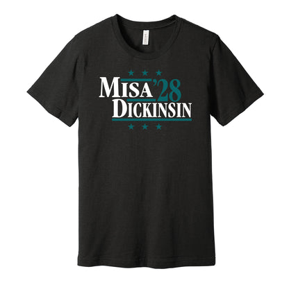 San Jose Sharks retro political campaign parody black t-shirt featuring Michael Misa and Sam Dickinson '28, designed in a vintage election style by Hyper Than Hype Shirts.