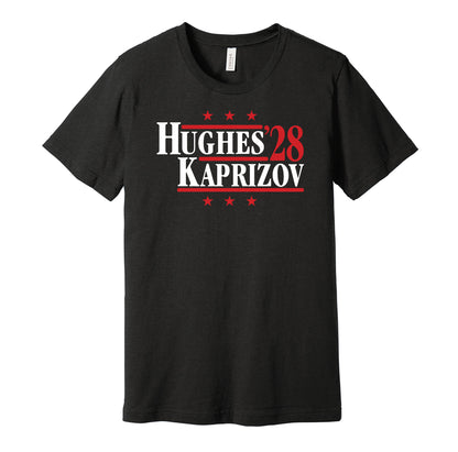 Minnesota Wild retro political campaign parody black t-shirt featuring Quinn Hughes and Kirill Kaprizov '28, designed in a vintage election style by Hyper Than Hype Shirts.