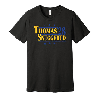 St. Louis Blues retro political campaign parody black t-shirt featuring Robert Thomas and Jimmy Snuggerud '28, designed in a vintage election style by Hyper Than Hype Shirts.