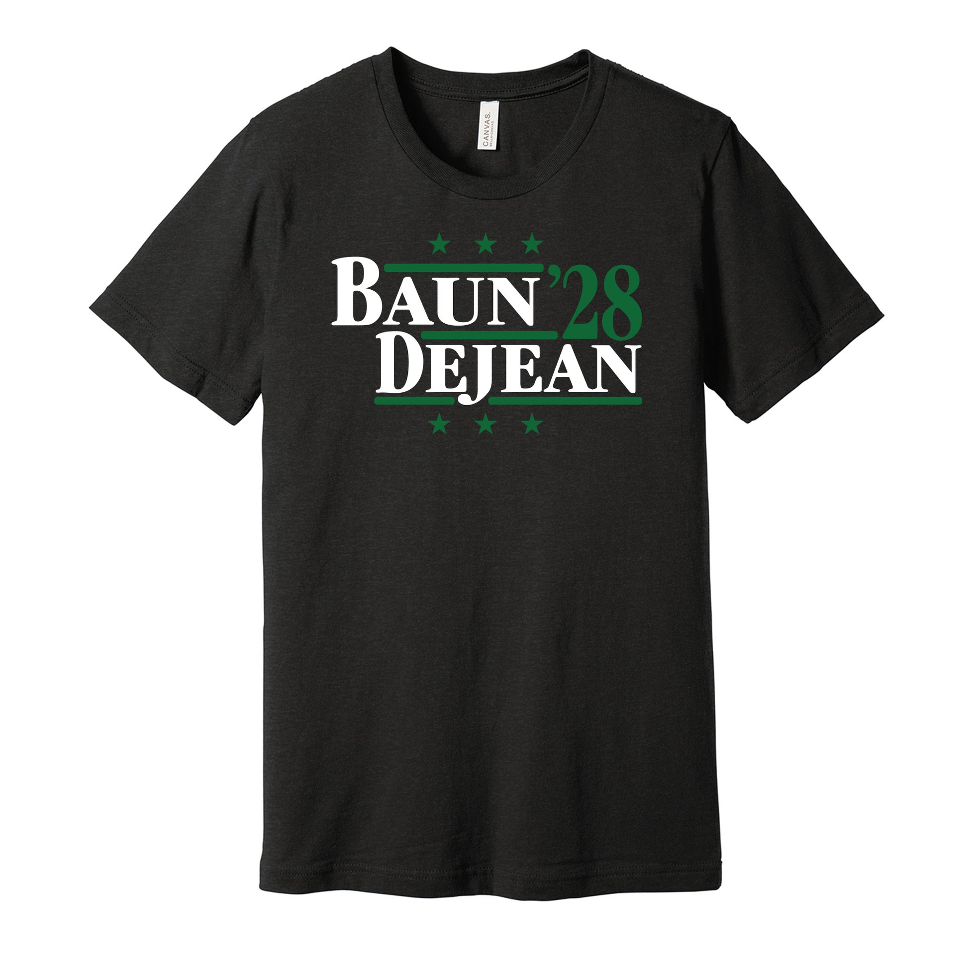Philadelphia Eagles retro political campaign parody black t-shirt featuring Zack Baun and Cooper DeJean '28, designed in a vintage election style by Hyper Than Hype Shirts.