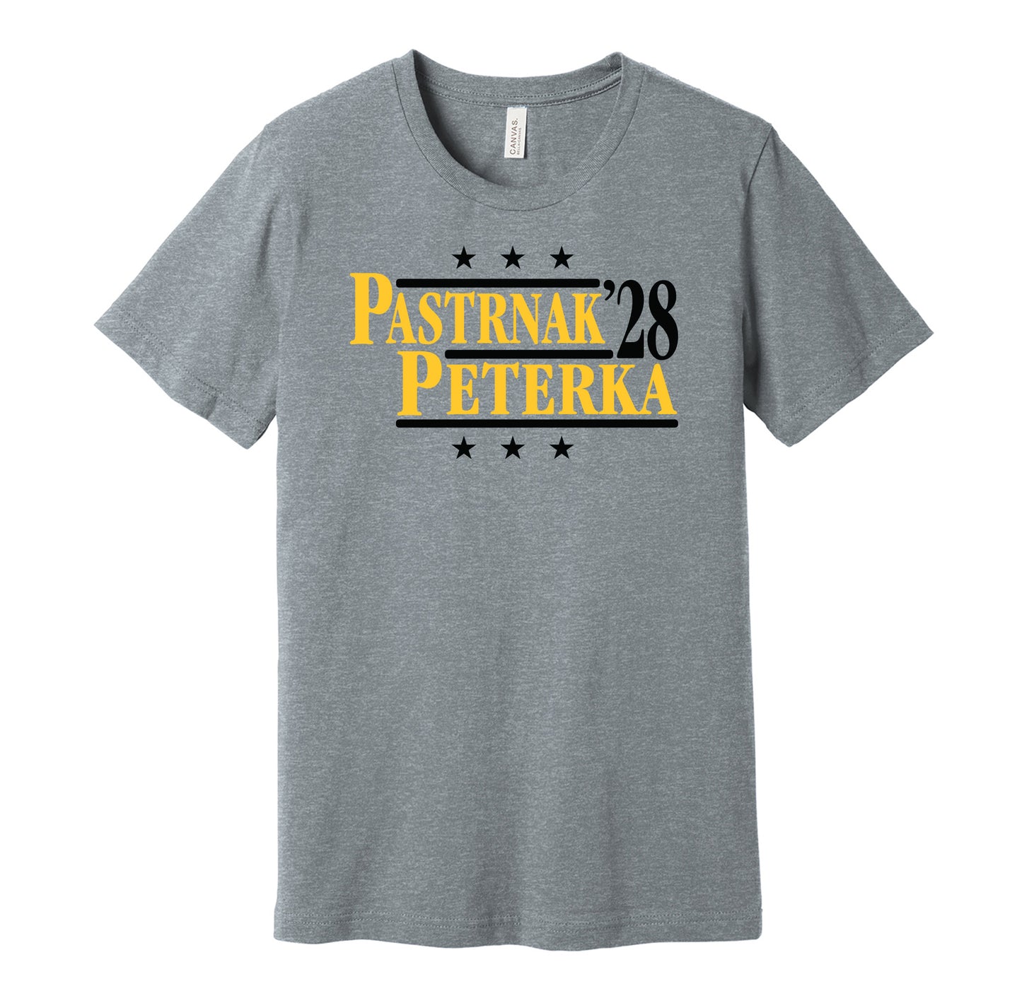 Boston Bruins retro political campaign parody grey t-shirt featuring David Pastrnak and JJ Peterka '28, designed in a vintage election style by Hyper Than Hype Shirts.
