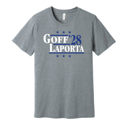 Detroit Lions retro political campaign parody grey t-shirt featuring Jared Goff and Sam LaPorta '28, designed in a vintage election style by Hyper Than Hype Shirts.