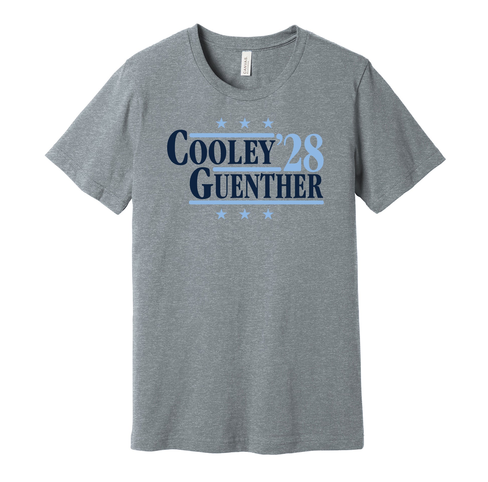 Utah Mammoth retro political campaign parody grey t-shirt featuring Logan Cooley and Dylan Guenther '28, designed in a vintage election style by Hyper Than Hype Shirts.