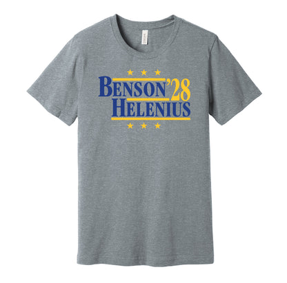 Buffalo Sabres retro political campaign parody grey t-shirt featuring Zach Benson and Konsta Helenius '28, designed in a vintage election style by Hyper Than Hype Shirts.