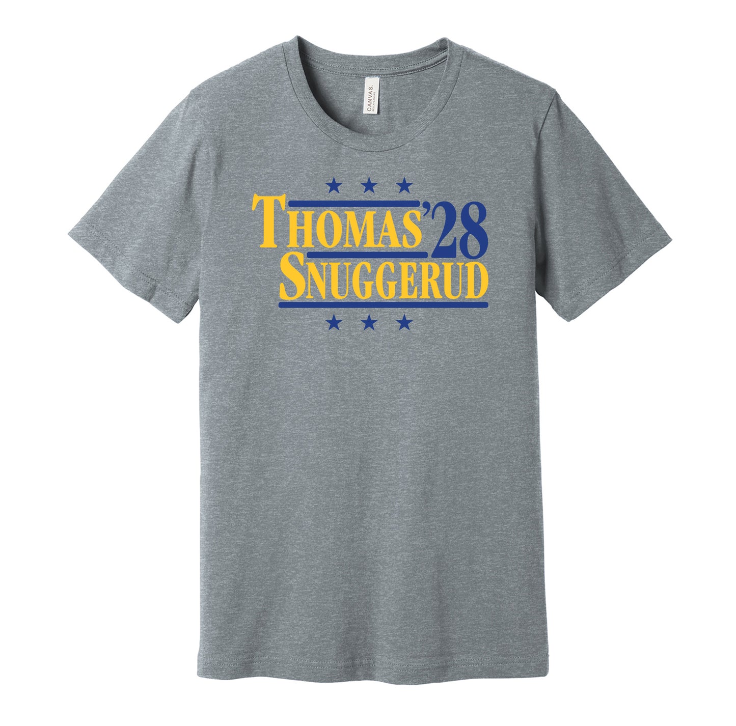 St. Louis Blues retro political campaign parody grey t-shirt featuring Robert Thomas and Jimmy Snuggerud '28, designed in a vintage election style by Hyper Than Hype Shirts.
