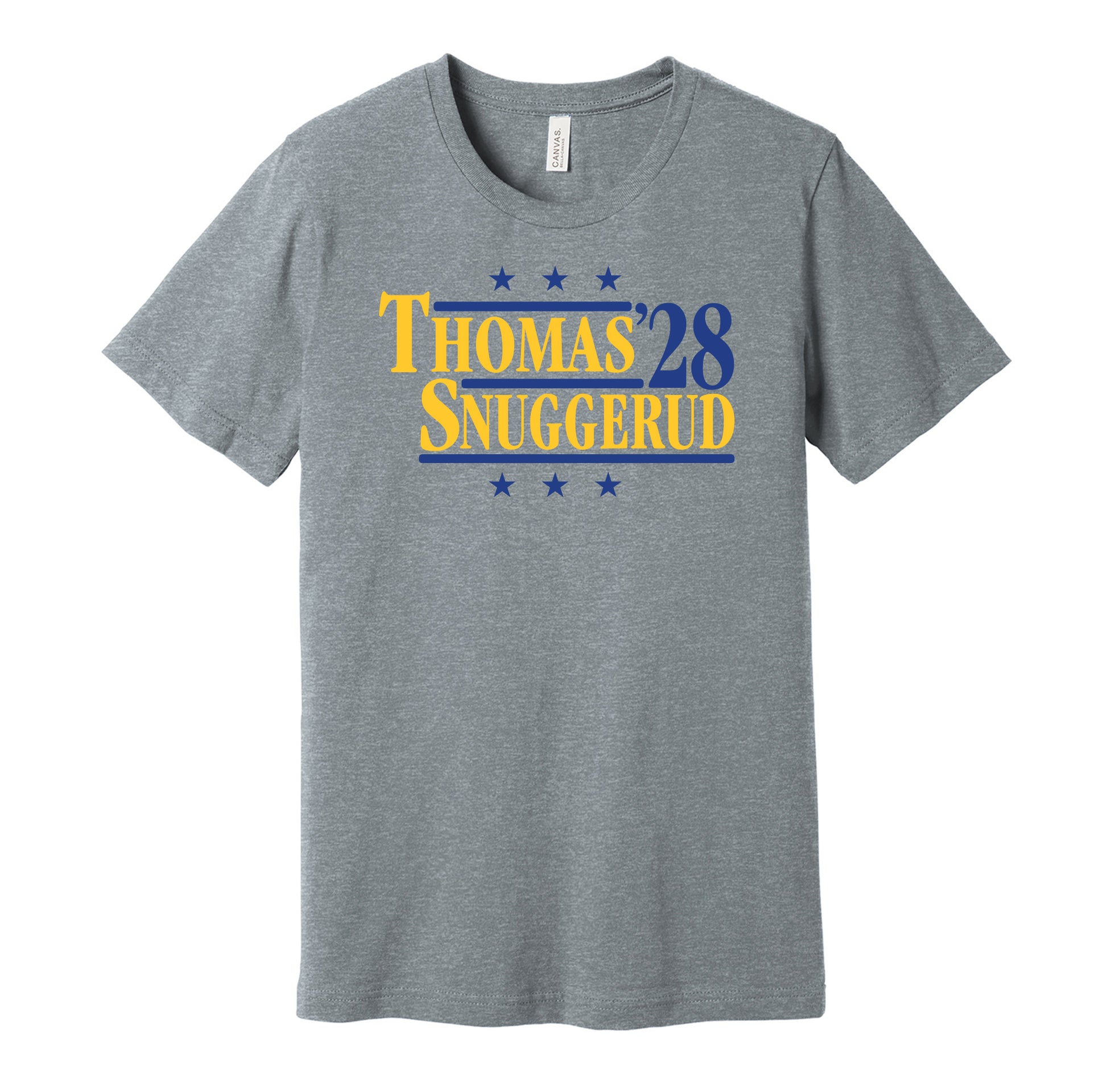 St. Louis Blues retro political campaign parody grey t-shirt featuring Robert Thomas and Jimmy Snuggerud '28, designed in a vintage election style by Hyper Than Hype Shirts.