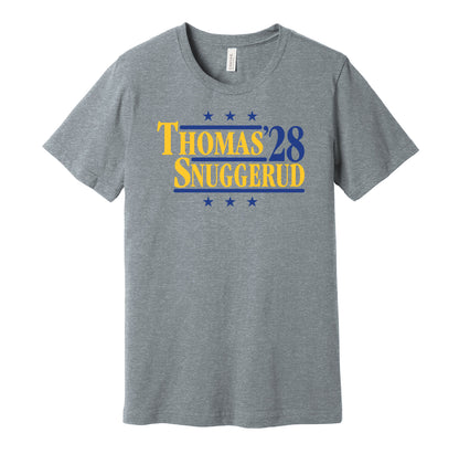 St. Louis Blues retro political campaign parody grey t-shirt featuring Robert Thomas and Jimmy Snuggerud '28, designed in a vintage election style by Hyper Than Hype Shirts.