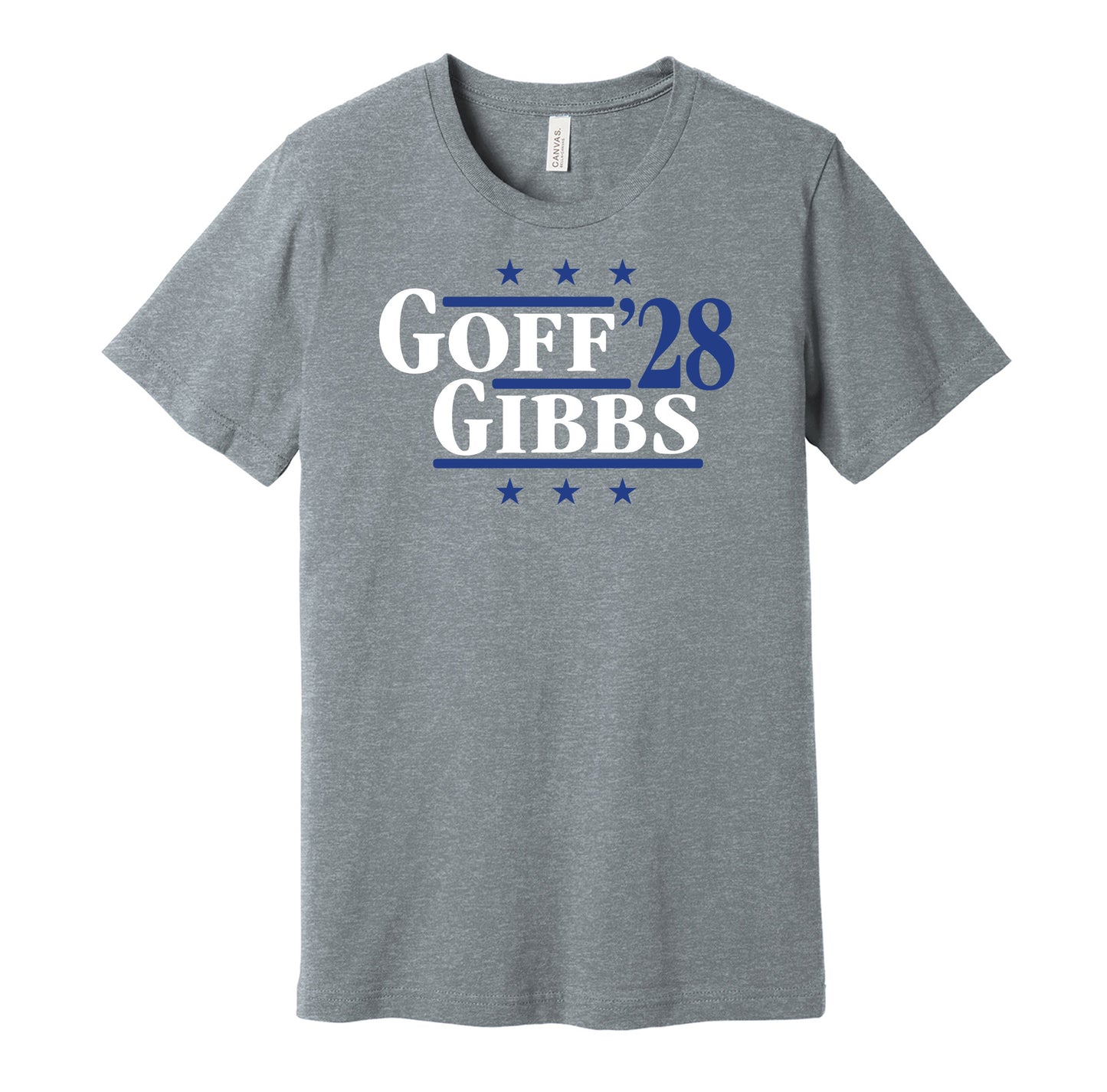 Detroit Lions retro political campaign parody grey t-shirt featuring Jared Goff and Jahmyr Gibbs '28, designed in a vintage election style by Hyper Than Hype Shirts.