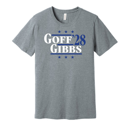 Detroit Lions retro political campaign parody grey t-shirt featuring Jared Goff and Jahmyr Gibbs '28, designed in a vintage election style by Hyper Than Hype Shirts.