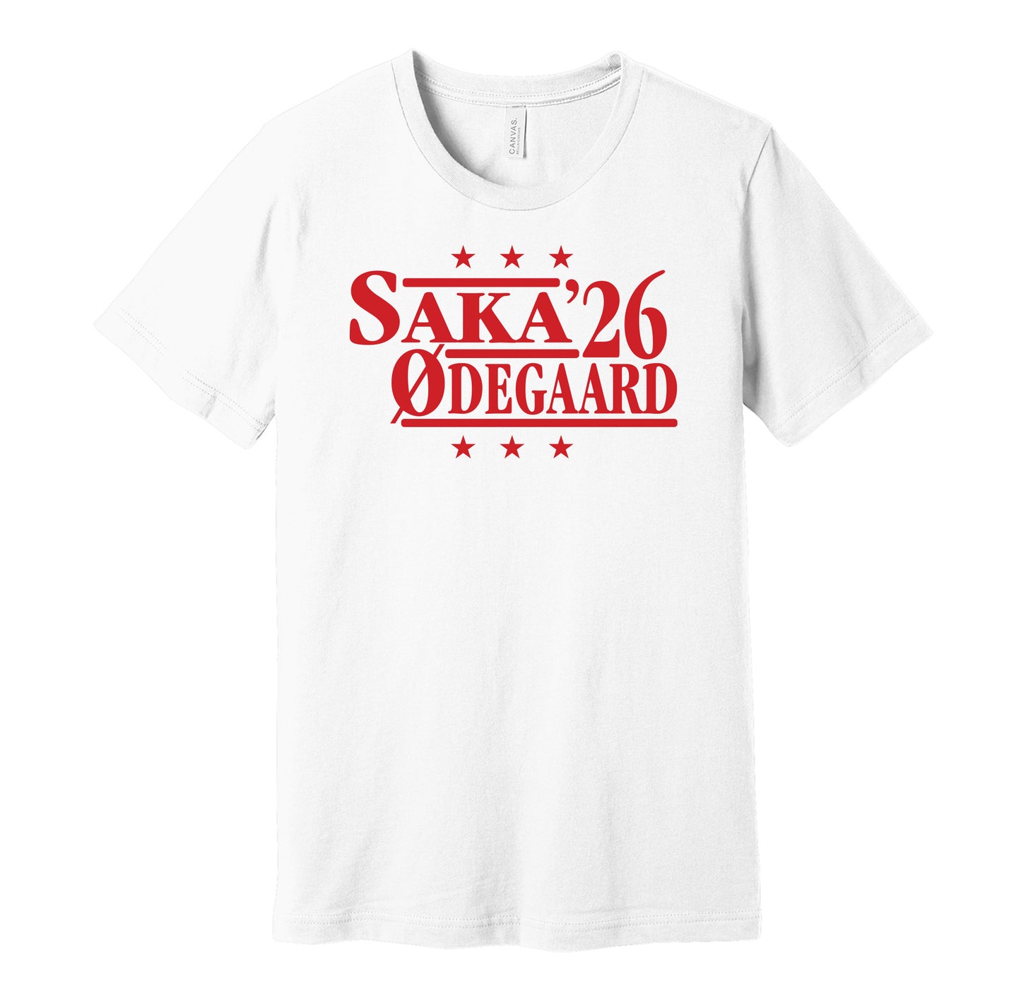 Arsenal retro political campaign parody white t-shirt featuring Bukayo Saka and Martin Ødegaard '26, designed in a vintage election style by Hyper Than Hype Shirts.