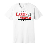 chicago blackhawks white tshirt that says larkin debrincat 24 for presidential election parody tee